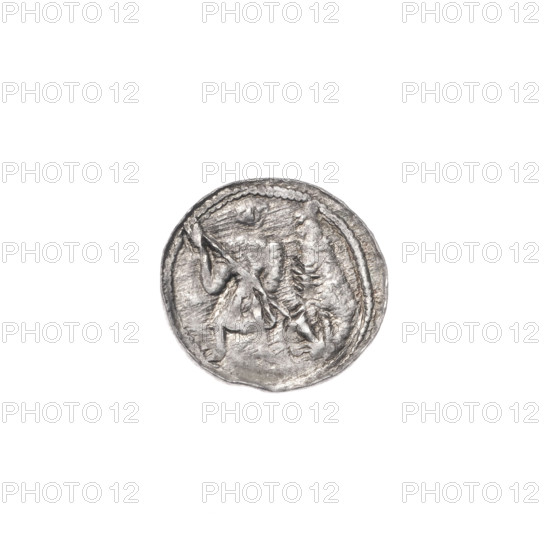 denarius, Boleslaw III Krzywousty (prince of Poland; 1107–1138), Boleslaw III Krzywousty (prince of Poland; 1086–1138), spearhead (issue mark), equal-armed cross (iconographic), chain mail (iconographic), chain mails, allegories, jaws (iconographic), martyrs, knight (iconographic), crosses, Romanesque (style), jaws, dragons, dragon (iconographic), Middle Ages, fight between good and evil (iconographic), fight against pagans (iconographic), Adalbert (Saint; ca. 956–997), spear (iconographic), spears, knights. Obv.: In the beaded border, a knight in chain mail thrusting a spearhead into the jaws of a dragon turned upside down. Rv.: In the triple beaded border, an isosceles cross topped with balls; between its arms, three balls; one arm intersects the other at approximately 1/3 of its length. ca. 1125–1138, Poland, Kraków; coin; diameter 12.3–12.9 mm; weight 0.43 g