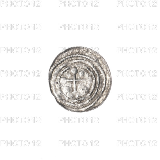 Denarius, Boleslaw III Krzywousty (prince of Poland; 1107–1138). Obverse: in the beaded border, a knight in chain mail thrusting a spearhead into the jaws of an upside-down dragon. Reverse: in the triple beaded border, an isosceles cross topped with balls; between its arms three balls; one arm intersects the other at approximately one-third of its length. Iconography: spearhead, equal-armed cross, chain mail, chain mails, jaws, dragons, martyrs, knight, crosses, fight between good and evil, fight against pagans, Adalbert (Saint; ca. 956–997), spear, spears. Style: Romanesque, Middle Ages. Date: ca. 1125–1138. Place: Poland, Kraków. Medium/function: coin (denarius). Diameter: 12.3–12.9 mm. Weight: 0.43 g.