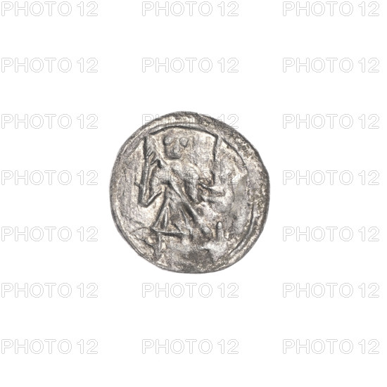 Denarius, Boleslaw III Krzywousty (prince of Poland; 1086–1138). Obverse: in a linear border, a knight in chain mail thrusting a spearhead into the jaws of an upside-down dragon. Reverse: in a triple beaded border, an isosceles cross topped with balls; between its arms, one ball. Allegorical Romanesque imagery: equal-armed cross, crosses, chain mail, spearhead (issue mark), martyrs, knight, dragons, fight between good and evil, Adalbert (Saint; ca. 956–997), fight against pagans, spears. Date ca. 1125–1138. Poland, Kraków. Coin; diameter 13.1–13.3 mm; weight 0.46 g.