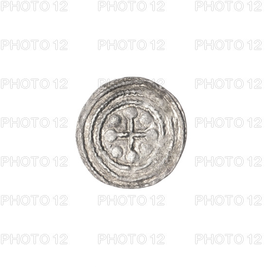 denarius, Boleslaw III Krzywousty (prince of Poland; 1107–1138), allegories, equal-armed cross, crosses, chain mail, jaws, spearhead (issue mark), martyrs, knight, Romanesque (style), knights, dragons, dragon, Middle Ages, fight between good and evil, Adalbert (Saint; ca. 956–997), fight against pagans, spears, spear, Obv. In the linear border, a knight in chain mail thrusting a spearhead into the jaws of a dragon turned upside down. Rv. In the triple beaded border, an isosceles cross topped with balls. Between its arms, one ball. ca. 1125–1138, Poland, Kraków, coin, diameter 13.1–13.3 mm, weight 0.46 g