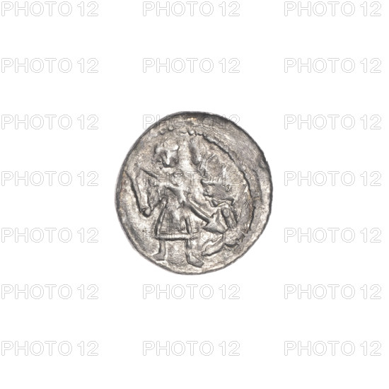 denarius, Boleslaw III Krzywousty (prince of Poland; 1107–1138), allegories, Boleslaw III Krzywousty (prince of Poland; 1086–1138), chainmail (iconographic), equal-armed cross (iconographic), spearhead (issue mark), crosses, chainmail, jaws (iconographic), knight (iconographic), martyrs, dragons, Romanesque (style), knights, jaws, dragon (iconographic), Middle Ages, Adalbert (Saint; ca. 956–997), fight between good and evil (iconographic), fight against pagans (iconographic), spear (iconographic), spears. Obv. In the beaded border, a knight in chain mail thrusting a spearhead into the jaws of a dragon turned upside down. Rv. In the triple beaded border, an isosceles cross topped with balls. Between its arms, one dot closer to the center, one sun closer to the ends. ca. 1125–1138. Poland, Kraków. Coin. Diameter 12.7–13.2 mm. Weight 0.36 g.