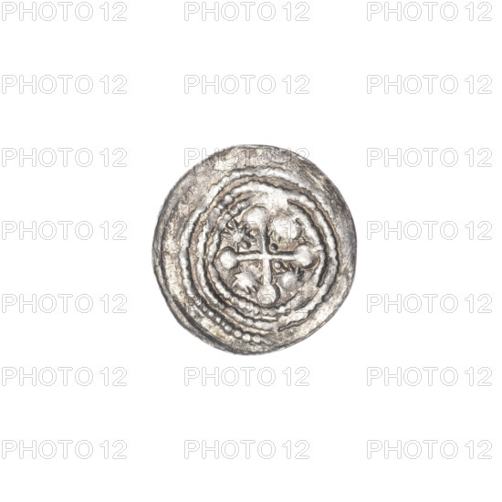 denarius, Boleslaw III Krzywousty (prince of Poland; 1086–1138), allegories, chainmail (iconographic), equal-armed cross (iconographic), spearhead (issue mark), crosses, jaws (iconographic), knight (iconographic), martyrs, dragons, Romanesque (style), knights, dragon (iconographic), Middle Ages, Adalbert (Saint; ca. 956–997), fight between good and evil (iconographic), fight against pagans (iconographic), spear (iconographic), spears. Obv.: In the beaded border, a knight in chain mail thrusting a spearhead into the jaws of a dragon turned upside down. Rv.: In the triple beaded border, an isosceles cross topped with balls; between its arms, one dot closer to the center, one sun closer to the ends. ca. 1125–1138, Poland, Kraków; coin; diameter 12.7–13.2 mm; weight 0.36 g