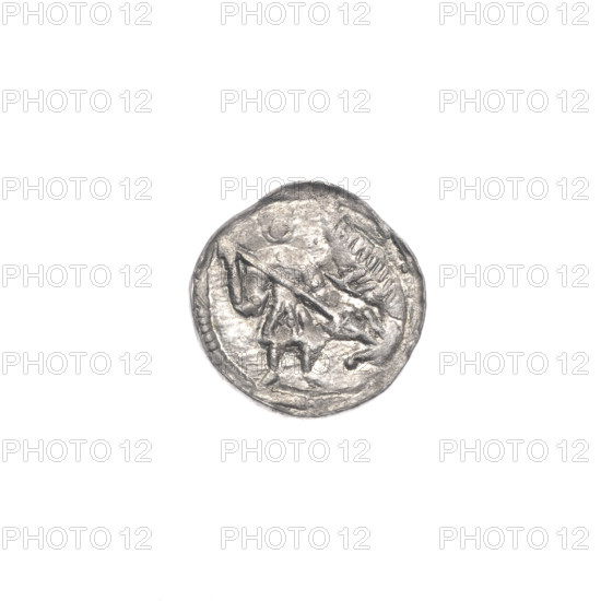 denarius, Boleslaw III Krzywousty (Prince of Poland; 1086–1138), allegories, equal-armed cross, chain mail, spearhead (issue mark), crosses, jaws, knight, martyrs, Romanesque (style), dragons, dragon, Middle Ages, Adalbert (St.; ca. 956–997), fight between good and evil, spear, spears, fight against pagans. Obv.: In the beaded border, a knight in chain mail thrusting a spearhead into the jaws of an upside-down dragon. Rv.: In the triple beaded border, an isosceles cross topped with balls; between its arms, one ball. ca. 1125–1138. Poland, Kraków. Coin. Diameter 11.9–12.5 mm; weight 0.45 g.