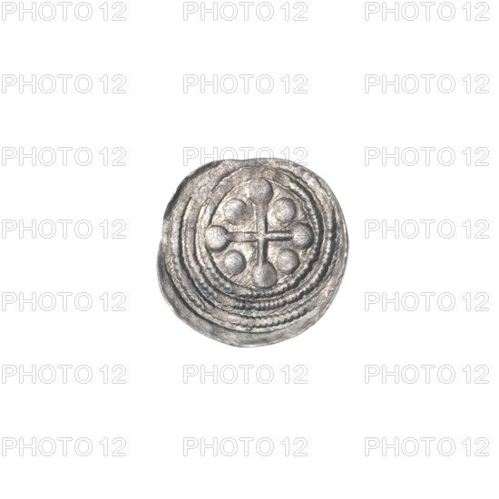Denarius of Boleslaw III Krzywousty (Prince of Poland; ca. 1107–1138). Obverse: within a beaded border, a knight in chain mail thrusting a spearhead into the jaws of an upside-down dragon (theme: fight between good and evil, fight against pagans; figures/associations: knight, Adalbert/St. Adalbert). Reverse: within a triple beaded border, an equal-armed (isosceles) cross topped with balls; one ball between its arms. Romanesque style; allegorical imagery of dragons and knights. Date: ca. 1125–1138. Place: Kraków, Poland. Coin; diameter c. 11.9–12.5 mm; weight 0.45 g.