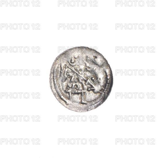 denarius, Boleslaw III Krzywousty (prince of Poland; 1086–1138/ruled 1107–1138), allegories, equal-armed cross, spearhead (issue mark), chain mail, crosses, jaws, knight, martyrs, Romanesque (style), dragons, dragon, Middle Ages, Adalbert (St.; ca. 956–997), fight between good and evil, fight against pagans, spears, spear. Obv.: In the beaded border, a knight in chain mail thrusting a spearhead into the jaws of an upside-down dragon. Rv.: In the triple beaded border, an isosceles cross topped with spheres (one with a dot). At the crossing of the arms, a dot; between the arms, closer to the center, one dot, closer to the ends, one sun (one with a dot). ca. 1125–1138, Poland, Kraków, coin; diameter 12.8–13.0 mm; weight 0.50 g