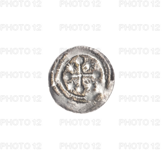 denarius, Boleslaw III Krzywousty (prince of Poland; 1086-1138), allegories, equal-armed cross, spearhead (issue mark), chain mail, crosses, jaws, knight, martyrs, Romanesque (style), dragons, knights, dragon, jaws, Middle Ages, Adalbert (St.; ca. 956-997), fight between good and evil, fight against pagans, spears, spear. Obv.: In the beaded border, a knight in chain mail thrusting a spearhead into the jaws of a dragon turned upside down. Rv.: In the triple beaded border, an isosceles cross topped with spheres (one with a dot). At the crossing of the arms, a dot; between them, closer to the center, one dot; closer to the ends, one sun (one with a dot). ca. 1125–1138, Poland, Kraków; coin; diameter 12.8–13.0 mm; weight 0.50 g