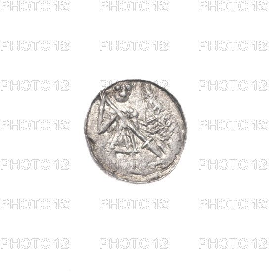 denarius, Boleslaw III Krzywousty (prince of Poland; 1086–1138), allegories, equal-armed cross, crosses, spearhead (issue mark), chain mail, jaws, martyrs, knight, Romanesque (style), knights, dragons, dragon, Middle Ages, fight between good and evil, fight against pagans, Adalbert (Saint; ca. 956–997), spear, spears, Obv. In the beaded border, a knight in chain mail thrusting a spearhead into the jaws of a dragon turned upside down. Rv. In the triple beaded border, an isosceles cross topped with balls. Between its arms, one ball. ca. 1125–1138, Kraków, Poland, coin, diameter 11.9–12.2 mm, weight 0.54 g
