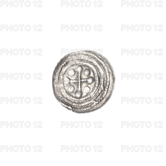 denarius, Boleslaw III Krzywousty (prince of Poland; 1086–1138), allegories, equal-armed cross, crosses, spearhead (issue mark), chain mail, jaws, chain mails, martyrs, knight, Romanesque (style), knights, dragons, dragon, Middle Ages, fight between good and evil, fight against pagans, Adalbert (Saint; ca. 956–997), spear, spears, Obv. In the beaded border, a knight in chain mail thrusting a spearhead into the jaws of a dragon turned upside down. Rv. In the triple beaded border, an isosceles cross topped with balls. Between its arms, one ball. ca. 1125–1138, Kraków, Poland, coin, diameter 11.9–12.2 mm, weight 0.54 g