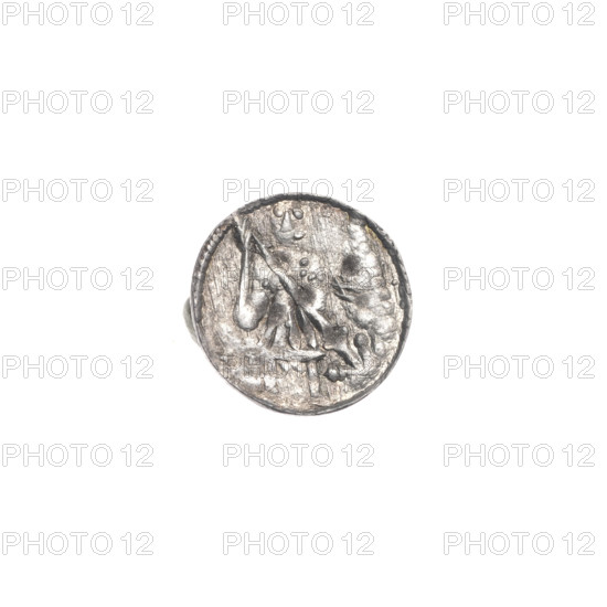 Denarius, Boleslaw III Krzywousty (prince of Poland; 1086–1138). Obverse: in the beaded border, a knight in chain mail thrusting a spearhead into the jaws of an upside-down dragon. Reverse: in the triple beaded border, an isosceles cross topped with balls; at the intersection of the arms, a ball; between the arms, three balls; one arm intersects the other at approximately 1/3 of its length. Iconography: chainmail, spearhead, equal-armed cross, crosses, jaws, knight, martyrs, Romanesque style, dragons, Adalbert (Saint; ca. 956–997), fight between good and evil, fight against pagans, spear. Date: ca. 1125–1138. Place: Poland, Kraków. Medium/function: coin. Diameter: 11.4–11.6 mm. Weight: 0.35 g.