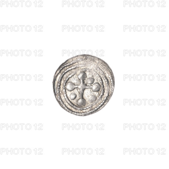 Denarius, Boleslaw III Krzywousty (prince of Poland; 1086–1138). Romanesque coin, ca. 1125–1138, Poland, Kraków. Obverse: within a beaded border, a knight in chain mail thrusting a spearhead into the jaws of an upside-down dragon. Reverse: within a triple beaded border, an isosceles cross topped with balls; at the intersection of the arms a ball; between the arms three balls; one arm intersects the other at approximately one-third of its length. Iconography: chainmail, spearhead, equal-armed cross, crosses, jaws, knight, dragons, martyrs, Adalbert (Saint; ca. 956–997), fight between good and evil, fight against pagans. Coin type: coin; diameter 11.4–11.6 mm; weight 0.35 g.