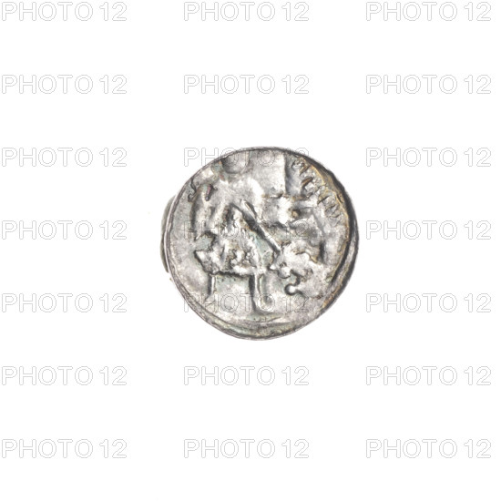 denarius, Boleslaw III Krzywousty (prince of Poland; 1086-1138; reign 1107-1138), Romanesque, ca. 1125–1138, Poland, Kraków; coin (denarius), diameter 11.8–12.2 mm, weight 0.37 g. Obverse: in a linear border, a knight in chain mail thrusting a spearhead into the jaws of an upside-down dragon; above the knight's left foot, a dot. Reverse: in a triple beaded border, an isosceles cross topped with balls; between its arms, one ball. Iconography: knight, chain mail, spear/spearhead, dragon, jaws, equal-armed cross, crosses, martyrs, fight against pagans, fight between good and evil; depiction associated with Saint Adalbert (ca. 956–997).