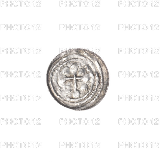 denarius, Boleslaw III Krzywousty (prince of Poland; 1107–1138), allegories, Boleslaw III Krzywousty (prince of Poland; 1086–1138), spearhead (issue mark), chain mail (iconographic), equal-armed cross (iconographic), crosses, jaws (iconographic), chain mail, martyrs, knight (iconographic), jaws, Romanesque (style), dragons, knights, dragon (iconographic), Adalbert (Saint; ca. 956–997), Middle Ages, fight against pagans (iconographic), fight between good and evil (iconographic), spears, spear (iconographic). Obverse: In the linear border, a knight in chain mail thrusting a spearhead into the jaws of a dragon turned upside down; on the outer side, above the knight's left foot, a dot. Reverse: In the triple beaded border, an isosceles cross topped with balls; between its arms, one ball. ca. 1125–1138, Poland, Kraków, coin, diameter 11.8–12.2 mm, weight 0.37 g