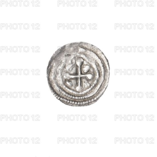denarius, Boleslaw III Krzywousty (prince of Poland; 1107–1138), allegories, Boleslaw III Krzywousty (prince of Poland; 1086–1138), equal-armed cross, spearhead (issue mark), crosses, jaws, chain mail, martyrs, Romanesque (style), knight, jaws, knights, dragons, dragon, Middle Ages, fight between good and evil, fight against pagans, spear, Adalbert (Saint; ca. 956–997), spears. Obv.: In the beaded border, a knight in chain mail thrusting a spearhead into the jaws of a dragon turned upside down. Rv.: In the triple beaded border, an isosceles cross topped with balls; between its arms, one ball. Ca. 1125–1138, Poland, Kraków, coin, diameter 12.9 mm, weight 0.43 g