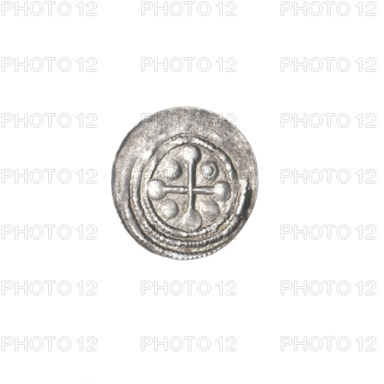 denarius, Boleslaw III Krzywousty (prince of Poland; 1086–1138), allegories, equal-armed cross, crosses, chain mail, spearhead (issue mark), jaw, martyrs, knight, Romanesque (style), jaws, dragons, knights, dragon, Middle Ages, fight between good and evil, fight against pagans, spear, Adalbert (Saint; ca. 956–997), spears. Obv. In the beaded border, a knight in chain mail thrusting a spearhead into the jaws of a dragon turned upside down. Rv. In the triple beaded border, an isosceles cross topped with balls. Between its arms, one ball (one of them has a dot). ca. 1125–1138, Kraków, Poland. Coin; diameter 12.1–12.3 mm; weight 0.36 g.