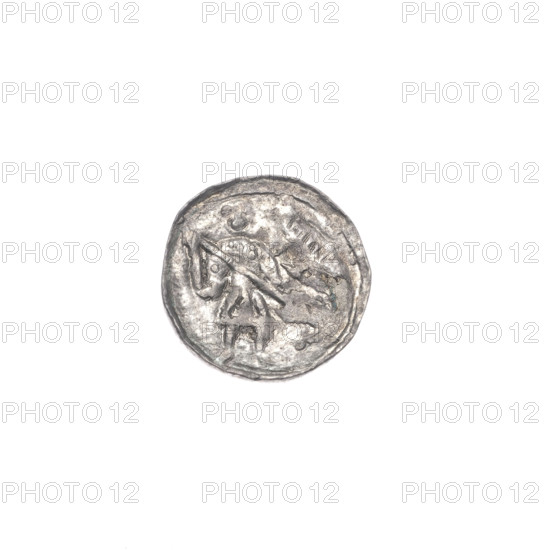 denarius, Boleslaw III Krzywousty (prince of Poland; 1086–1138), allegories, crosses, equal-armed cross, spearhead (issue mark), chain mail, jaws, martyrs, knight, dragons, fight against pagans, fight between good and evil, Romanesque (style), spear, Adalbert (St.; ca. 956–997). Obv.: In the beaded border, a knight in chain mail thrusting a spearhead into the jaws of a dragon turned upside down. Rv.: In the triple beaded border, an isosceles cross topped with balls; between its arms, one ball. ca. 1125–1138. Poland, Kraków. Coin. Diameter 11.8–12.1 mm; weight 0.39 g.
