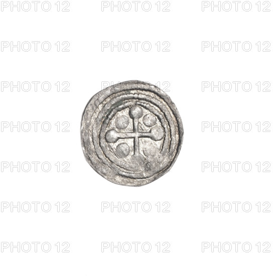 Denarius of Boleslaw III Krzywousty (prince of Poland; ca. 1086–1138). Obverse: in the beaded border, a knight in chain mail thrusting a spearhead into the jaws of an upside-down dragon (allegory of fight against pagans / fight between good and evil; Romanesque style; martyrs/knight imagery; Adalbert/St. referenced). Reverse: in the triple beaded border, an isosceles equal-armed cross topped with balls; between its arms, one ball. Issue mark: spearhead. Date: ca. 1125–1138. Place: Kraków, Poland. Coin; diameter 11.8–12.1 mm; weight 0.39 g.