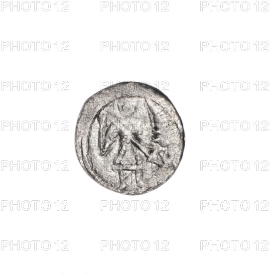 denarius, Boleslaw III Krzywousty (prince of Poland; 1107–1138), allegories, spearhead (issue mark), equal-armed cross, crosses, chain mail, Boleslaw III Krzywousty (prince of Poland; 1086–1138), jaws, chain mail, martyrs, knight, Romanesque (style), dragons, dragon, knights, jaws, Middle Ages, fight between good and evil, fight against pagans, Adalbert (Saint; ca. 956–997), spear, spears. Obv. In the beaded border, a knight in chain mail thrusting a spearhead into the jaws of a dragon turned upside down. Rv. In the triple beaded border, an isosceles cross topped with balls (one of them has a dot). Between its arms is one ball (two of them have one dot). Additionally, near the center of the cross in one quarter, a dot. ca. 1125–1138, Poland, Kraków, coin, diameter 12.6–13.0 mm, weight 0.44 g