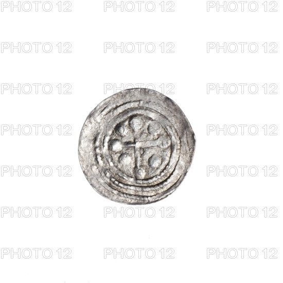 denarius, Boleslaw III Krzywousty (prince of Poland; 1086–1138), allegories, spearhead (issue mark), equal-armed cross, crosses, chain mail, jaws, martyrs, knight, Romanesque (style), dragons, dragon, knights, Middle Ages, fight between good and evil, fight against pagans, Adalbert (Saint; ca. 956–997), spear, spears. Obv.: In the beaded border, a knight in chain mail thrusting a spearhead into the jaws of a dragon turned upside down. Rv.: In the triple beaded border, an isosceles cross topped with balls (one of them has a dot). Between its arms is one ball (two of them have one dot). Additionally, near the center of the cross in one quarter, a dot. ca. 1125–1138, Poland, Kraków, coin, diameter 12.6–13.0 mm, weight 0.44 g