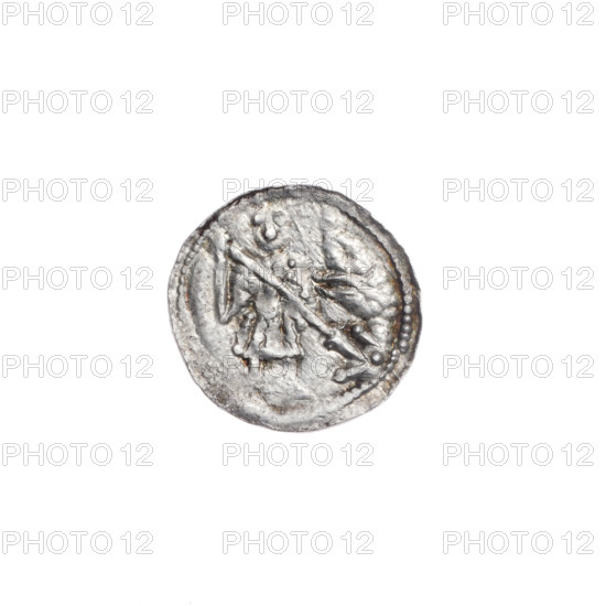 Denarius, Boleslaw III Krzywousty (prince of Poland; 1086–1138). Romanesque, ca. 1125–1138. Obverse: in the beaded border, a knight in chain mail thrusting a spearhead into the jaws of an upside-down dragon. Reverse: in the triple beaded border, an isosceles cross topped with balls (one dot on each); between its arms, one ball (one dot on three of them). Iconography: spearhead, chain mail, jaws, dragons, crosses, martyrs, knight, fight between good and evil, fight against pagans; depiction associated with Saint Adalbert (ca. 956–997). Coin (denarius), Poland, Kraków. Diameter approx. 12.7–13.2 mm; weight 0.50 g.