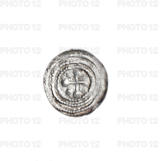 Denarius, Boleslaw III Krzywousty (prince of Poland; 1086–1138). Obverse: in a beaded border, a knight in chain mail thrusting a spearhead into the jaws of an upside-down dragon. Reverse: in a triple beaded border, an isosceles cross topped with balls (one dot on each); between its arms, one ball (one dot on three of them). Iconography: spearhead, chain mail, equal-armed cross, jaws, dragons, knights, martyrs, Adalbert (Saint; ca. 956–997), fight between good and evil, fight against pagans. Romanesque style. Date: ca. 1125–1138. Place: Poland, Kraków. Coin. Diameter 12.7–13.2 mm. Weight 0.50 g.