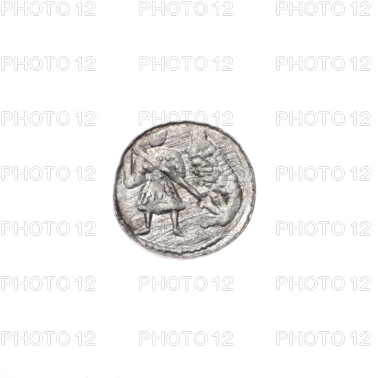 denarius, Boleslaw III Krzywousty (prince of Poland; 1086–1138), equal-armed cross, crosses, allegories, spearhead (issue mark), chain mail, martyrs, jaws, knight, Romanesque (style), knights, dragon, dragons, Middle Ages, spear, Adalbert (Saint; ca. 956–997), spears, fight of good against evil, fight against pagans. Obv. In the beaded border, a knight in chain mail thrusting a spearhead into the jaws of a dragon turned upside down. Rv. In the triple beaded border, an isosceles cross topped with balls; between its arms, one ball. ca. 1125–1138, Poland, Kraków, coin; diameter 11.6–12.0 mm; weight 0.44 g.