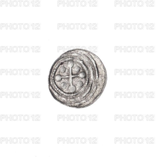 denarius, Boleslaw III Krzywousty (prince of Poland; 1086–1138), equal-armed cross, crosses, allegories, spearhead (issue mark), chain mail, martyrs, jaws, knight, Romanesque (style), knights, dragon, dragons, Middle Ages, spear, Adalbert (Saint; ca. 956–997), spears, fight of good against evil, fight against pagans. Obv.: In the beaded border, a knight in chain mail thrusting a spearhead into the jaws of a dragon turned upside down. Rv.: In the triple beaded border, an isosceles cross topped with balls; between its arms, one ball. ca. 1125–1138, Poland, Kraków, coin; diameter 11.6–12.0 mm; weight 0.44 g