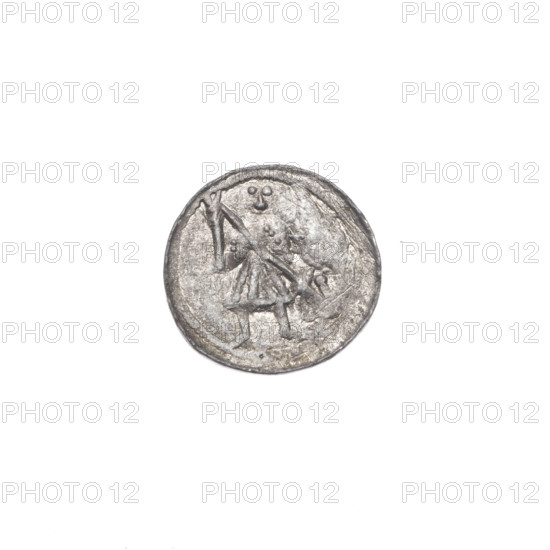 Denarius, Boleslaw III Krzywousty (prince of Poland; 1086–1138). Obverse: in the beaded border, a knight in chain mail thrusting a spearhead into the jaws of an upside-down dragon. Reverse: in the triple beaded border, an equal-armed (isosceles) cross topped with balls; a ball at the intersection and one ball between the arms. Romanesque style; allegorical fight between good and evil / fight against pagans; motifs include knight, dragons, chainmail, spears, spearhead (issue mark), crosses, jaws, martyrs, Saint Adalbert (ca. 956–997) referenced. ca. 1125–1138. Poland, Kraków. Coin (denarius). Diameter 12.1–12.3 mm; weight 0.34 g.