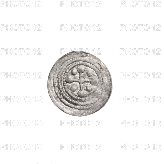 Denarius of Boleslaw III Krzywousty (prince of Poland; 1107–1138). Obverse: in a beaded border, a knight in chain mail thrusting a spearhead into the jaws of an upside-down dragon. Reverse: in a triple beaded border, an equal-armed (isosceles) cross topped with balls; at the intersection of the arms, a ball; one ball between the arms. Romanesque style; allegorical imagery (knight vs. dragon, fight between good and evil, martyrs, fight against pagans). Reference to Adalbert (Saint; ca. 956–997). Date ca. 1125–1138. Poland, Kraków. Coin; diameter 12.1–12.3 mm; weight 0.34 g.
