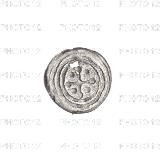 denarius, Boleslaw III Krzywousty (prince of Poland; 1086–1138), allegories, spearhead (issue mark), chain mail, crosses, equal-armed cross, jaws, knight, martyrs, Romanesque (style), knights, dragons, dragon, fight against pagans, Middle Ages, Adalbert (Saint; ca. 956–997), spear, spears. Obv.: In the beaded border, a knight in chain mail thrusting a spearhead into the jaws of a dragon turned upside down. Rv.: In the triple beaded border, an isosceles cross topped with balls; at the intersection of the arms, a ball; between them, one ball. ca. 1125–1138, Poland, Kraków, coin; diameter 12.5–13.2 mm; weight 0.26 g