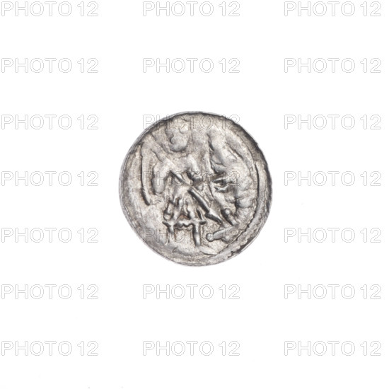 denarius, Boleslaw III Krzywousty (prince of Poland; 1107–1138), allegories, Boleslaw III Krzywousty (prince of Poland; 1086–1138), spearhead (issue mark), chain mail (iconographic), chain mails, mouth (iconographic), equal-armed cross (iconographic), martyrs, crosses, knight (iconographic), Romanesque (style), mouths, dragons, dragon (iconographic), knights, Middle Ages, fight between good and evil (iconographic), fight against pagans (iconographic), spear (iconographic), spears, Adalbert (St.; ca. 956–997). Obv. In the beaded border, a knight in chain mail thrusting a spearhead into the jaws of a dragon turned upside down. Rv. In the triple beaded border, an isosceles cross topped with balls; between its arms, one ball (one of them with a dot). ca. 1125–1138, Poland, Kraków, coin, diameter 12.4 mm, weight 0.39 g