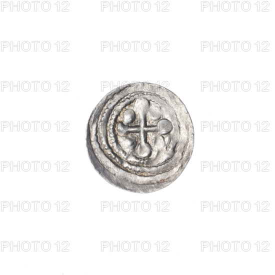 denarius, Boleslaw III Krzywousty (prince of Poland; 1107–1138), allegories, Boleslaw III Krzywousty (prince of Poland; 1086–1138), spearhead (issue mark), chain mail (iconographic), chain mails, mouth (iconographic), equal-armed cross (iconographic), martyrs, crosses, knight (iconographic), Romanesque (style), mouths, dragons, dragon (iconographic), knights, Middle Ages, fight between good and evil (iconographic), fight against pagans (iconographic), spear (iconographic), spears, Adalbert (St.; ca. 956–997). Obv.: In the beaded border, a knight in chain mail thrusting a spearhead into the jaws of a dragon turned upside down. Rv.: In the triple beaded border, an isosceles cross topped with balls; between its arms, one ball (one of them with a dot). ca. 1125–1138, Poland, Kraków, coin, diameter 12.4 mm, weight 0.39 g