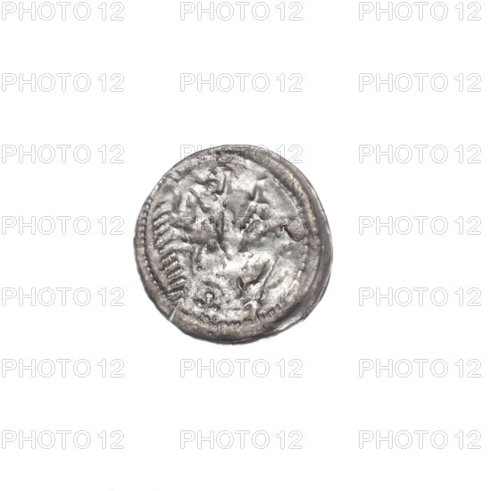 denarius, Boleslaw III Krzywousty (prince of Poland; 1086–1138), allegories, spearhead (issue mark), chain mail (iconographic), equal-armed cross (iconographic), crosses, jaws (iconographic), knight (iconographic), chain mail, martyrs, dragons, Romanesque (style), knights, dragon (iconographic), jaws, Middle Ages, fight between good and evil (iconographic), fight against pagans (iconographic), Adalbert (Saint; ca. 956–997), spears, spear (iconographic). Obv.: In the beaded border, a knight in chain mail thrusting a spearhead into the jaws of a dragon turned upside down. Rv.: In the triple beaded border, an isosceles cross topped with balls; between its arms, one ball (two of them with one dot). Ca. 1125–1138. Poland, Kraków. Coin. Diameter 12.6–13.1 mm. Weight 0.41 g.