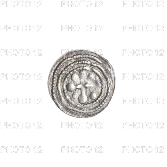 Denarius of Boleslaw III Krzywousty (prince of Poland; ca. 1086–1138), ca. 1125–1138. Obverse: within a beaded border, a knight in chain mail thrusting a spearhead into the jaws of an upside-down dragon. Reverse: within a triple beaded border, an isosceles cross topped with balls; between its arms, one ball (two of them with one dot). Iconography: spearhead, chain mail, equal-armed cross, crosses, jaws, knight, martyrs, dragons, Romanesque style; themes of fight between good and evil and fight against pagans; depiction related to Adalbert (Saint; ca. 956–997). Coin; Poland, Kraków. Diameter 12.6–13.1 mm; weight 0.41 g.