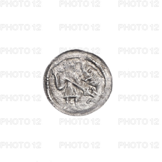 denarius, Boleslaw III Krzywousty (prince of Poland; 1107–1138), allegories, chain mail, crosses, equal-armed cross, spearhead (issue mark), jaws, chain mail, knight, martyrs, Romanesque (style), dragons, knights, dragon, jaws, Adalbert (Saint; ca. 956–997), Middle Ages, fight between good and evil, spear, fight against pagans. Obv.: In the beaded border, a knight in chain mail thrusting a spearhead into the jaws of a dragon turned upside down. Rv.: In the triple beaded border, an isosceles cross topped with balls; between its arms, one ball (one of them has a dot). ca. 1125–1138, Kraków, Poland; coin; diameter 12.9–13.3 mm; weight 0.45 g.
