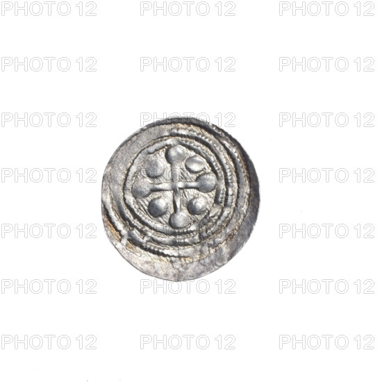 denarius, Boleslaw III Krzywousty (prince of Poland; 1086–1138 / reign 1107–1138), allegories, chain mail, crosses, equal-armed cross, spearhead (issue mark), jaws, knight, martyrs, Romanesque (style), dragons, dragon, Adalbert (Saint; ca. 956–997), Middle Ages, fight between good and evil, spear, fight against pagans. Obv.: In the beaded border, a knight in chain mail thrusting a spearhead into the jaws of an upside-down dragon. Rv.: In the triple beaded border, an isosceles cross topped with balls; between its arms, one ball (one of them has a dot). Ca. 1125–1138. Kraków, Poland. Coin; diameter 12.9–13.3 mm; weight 0.45 g.