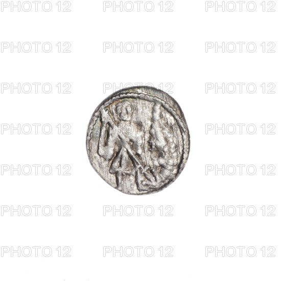 denarius, Boleslaw III Krzywousty (prince of Poland; 1107–1138), allegories, Boleslaw III Krzywousty (prince of Poland; 1086–1138), crosses, equal-armed cross, spearhead (issue mark), jaw, chain mail, chain mails, martyrs, Romanesque (style), knight, jaws, knights, dragon, dragons, fight between good and evil, Adalbert (Saint; ca. 956–997), spear, Middle Ages, fight against pagans, spears. Obverse: in the beaded border, a knight in chain mail thrusting a spearhead into the jaws of a dragon turned upside down. Reverse: in the triple beaded border, an isosceles cross topped with balls; at the intersection of the arms, a ball; between them, one ball (on three of them, one dot, and possibly also on the fourth — this quarter is impossible to observe). One arm intersects the other at approximately 1/3 of its length. ca. 1125–1138. Poland, Kraków. Coin. Diameter 11.9–12.1 mm. Weight 0.32 g.