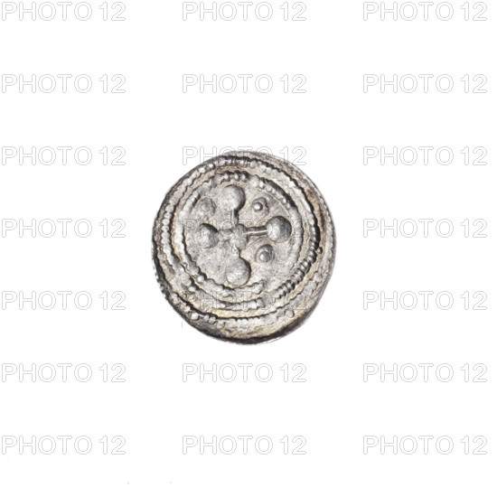 denarius, Boleslaw III Krzywousty (prince of Poland; 1107–1138), allegories, Boleslaw III Krzywousty (prince of Poland; 1086–1138), crosses, equal-armed cross, spearhead (issue mark), jaw, chain mail, chain mails, martyrs, Romanesque (style), knight, jaws, knights, dragon, dragons, fight between good and evil, Adalbert (Saint; ca. 956–997), spear, Middle Ages, fight against pagans, spears. Obverse: in the beaded border, a knight in chain mail thrusting a spearhead into the jaws of a dragon turned upside down. Reverse: in the triple beaded border, an isosceles cross topped with balls; at the intersection of the arms, a ball; between them, one ball (on three of them one dot, possibly also on the fourth — this quarter is impossible to observe). One arm intersects the other at approximately 1/3 of its length. ca. 1125–1138, Poland, Kraków; coin; diameter 11.9–12.1 mm; weight 0.32 g.