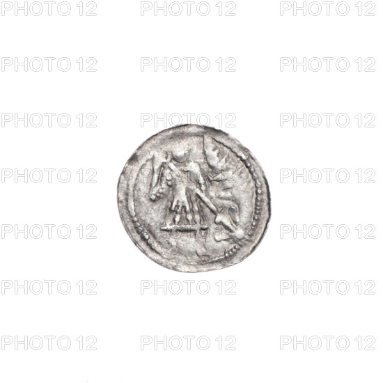denarius, Boleslaw III Krzywousty (prince of Poland; 1086–1138), allegories, equal-armed cross, spearhead (issue mark), crosses, chainmail, martyrs, Romanesque (style), knight, dragons, fight between good and evil, Adalbert (Saint; ca. 956–997), spear, fight against pagans, spears, Middle Ages. Obv.: In the beaded border, a knight in chain mail thrusting a spearhead into the jaws of a dragon turned upside down. Rv.: In the triple beaded border, an isosceles cross topped with balls; between its arms, closer to the center, one dot, closer to the ends, one sun (on one of them a dot); additionally, in one quarter near the arm, a dot. ca. 1125–1138, Kraków, Poland; coin; diameter 12.1–12.8 mm; weight 0.41 g