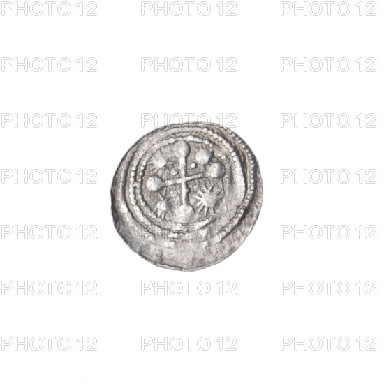 Denarius, Boleslaw III Krzywousty (prince of Poland; 1086–1138). Romanesque style coin, ca. 1125–1138, Kraków, Poland. Obverse: in the beaded border, a knight in chain mail thrusting a spearhead into the jaws of an inverted dragon (fight between good and evil; Adalbert; fight against pagans; martyrs; knights; dragons). Reverse: in the triple beaded border, an isosceles cross topped with balls; between its arms, nearer the center a dot and nearer the ends a sun (one with a dot); additionally, a dot in one quarter near an arm. Issue mark: spearhead. Materials: coin. Diameter: 12.1–12.8 mm. Weight: 0.41 g.