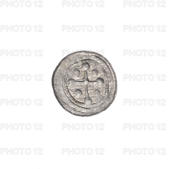 denarius, Boleslaw III Krzywousty (prince of Poland; 1086–1138), allegories, equal-armed cross, chain mail, spearhead (issue mark), crosses, jaws, martyrs, knight, dragons, Romanesque (style), dragon, jaws, knights, Adalbert (St.; ca. 956–997), fight between good and evil, fight against pagans, Middle Ages, spear. Obv.: In the beaded border, a knight in chain mail thrusting a spearhead into the jaws of a dragon turned upside down. Rv.: In the triple beaded border, an isosceles cross topped with balls. At the intersection of the arms, a ball. Between them, one ball. One arm intersects the other at approximately 1/3 of its length. ca. 1125–1138, Kraków, Poland, coin, diameter 12.1–12.3 mm, weight 0.41 g
