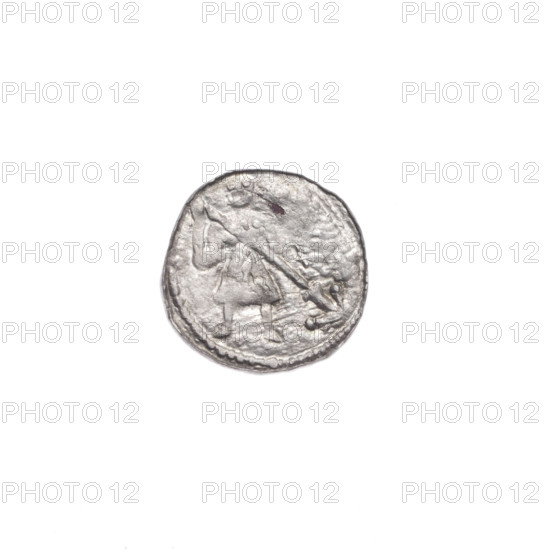 denarius, Boleslaw III Krzywousty (prince of Poland; 1107–1138), Boleslaw III Krzywousty (prince of Poland; 1086–1138), allegories, spearhead (issue mark), chain mail (iconographic), equal-armed cross (iconographic), crosses, jaws (iconographic), chain mail, knight (iconographic), martyrs, Romanesque (style), dragons, knights, jaws, dragon (iconographic), fight between good and evil (iconographic), Middle Ages, fight against pagans (iconographic), spear (iconographic), Adalbert (Saint; ca. 956–997), spears, Obv. In the beaded border, a knight in chain mail thrusting a spearhead into the jaws of a dragon turned upside down. Rv. In the triple beaded border, an isosceles cross topped with balls. At the intersection of the arms, a ball. Between them, one ball. ca. 1125–1138, Poland, Kraków, coin, diameter 11.4 mm, diameter 12.2 mm, weight 0.34 g