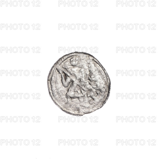 denarius, Boleslaw III Krzywousty (prince of Poland; 1086–1138), allegories, spearhead (issue mark), crosses, chain mail (iconographic), equal-armed cross (iconographic), jaws (iconographic), martyrs, Romanesque (style), knight (iconographic), chain mail, knights, jaws, dragons, dragon (iconographic), fight between good and evil (iconographic), fight against pagans (iconographic), spear (iconographic), Middle Ages, Adalbert (Saint; ca. 956–997). Obverse: in the linear border, a knight in chain mail thrusting a spearhead into the jaws of a dragon turned upside down. Reverse: in the triple beaded border, an isosceles cross topped with balls; between its arms, three balls; one arm intersects the other at approximately 1/3 of its length. ca. 1125–1138, Poland, Kraków; coin; diameter 12.1–12.6 mm; weight 0.30 g.