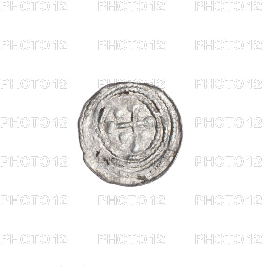 denarius, Boleslaw III Krzywousty (prince of Poland; 1086–1138), allegories, spearhead (issue mark), crosses, chain mail (iconographic), equal-armed cross (iconographic), jaws (iconographic), martyrs, Romanesque (style), knight (iconographic), chain mail, knights, jaws, dragons, dragon (iconographic), fight between good and evil (iconographic), fight against pagans (iconographic), spear (iconographic), Middle Ages, Adalbert (Saint; ca. 956–997). Obv.: In the linear border, a knight in chain mail thrusting a spearhead into the jaws of a dragon turned upside down. Rv.: In the triple beaded border, an isosceles cross topped with balls; between its arms, three balls; one arm intersects the other at approximately 1/3 of its length. ca. 1125–1138. Poland, Kraków. Coin. Diameter 12.1–12.6 mm. Weight 0.30 g.
