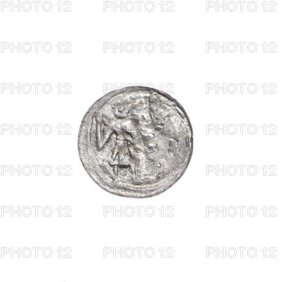 Denarius, Boleslaw III Krzywousty (prince of Poland; 1086–1138). Obverse: in a linear border, a knight in chain mail thrusting a spearhead into the jaws of an upside-down dragon. Reverse: in a triple beaded border, an isosceles cross topped with balls; at the intersection of the arms, a ball; between the arms, one sun. Iconography: allegories, crosses, spearhead (issue mark), equal-armed cross, chain mail, martyrs, knight, jaws, Romanesque style, knights, dragons, fight against pagans, spear, fight between good and evil, Adalbert (Saint; ca. 956–997). Date: ca. 1125–1138. Place: Poland, Kraków. Object type: coin (denarius). Diameter: 12.5–12.8 mm. Weight: 0.31 g.