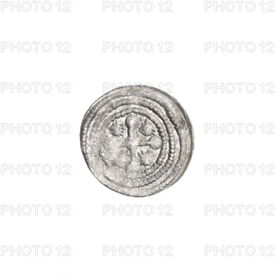 denarius, Boleslaw III Krzywousty (prince of Poland; 1086–1138 / reign 1107–1138), allegories, crosses, spearhead (issue mark), equal-armed cross (iconographic), chain mail, martyrs, knight (iconographic), jaws (iconographic), Romanesque (style), knights, dragons, dragon (iconographic), Middle Ages, fight against pagans (iconographic), spear (iconographic), spears, fight between good and evil (iconographic), Adalbert (Saint; ca. 956–997). Obverse: in the linear border, a knight in chain mail thrusting a spearhead into the jaws of an upside-down dragon. Reverse: in the triple beaded border, an isosceles cross topped with balls; at the intersection of the arms, a ball; between the arms, one sun. ca. 1125–1138; Poland, Kraków; coin; diameter 12.5–12.8 mm; weight 0.31 g