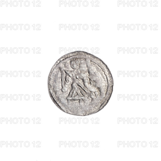 denarius, Boleslaw III Krzywousty (prince of Poland; 1086–1138), allegories, equal-armed cross, spearhead (issue mark), chain mail, crosses, jaws, knight, martyrs, Romanesque (style), dragons, knights, Middle Ages, fight against pagans, dragon, fight between good and evil, Adalbert (Saint; ca. 956–997), spears, Obv. In the beaded border, a knight in chain mail thrusting a spearhead into the jaws of a dragon turned upside down. Rv. In the triple beaded border, an isosceles cross topped with balls. Between its arms, three balls. One arm intersects the other at approximately 1/3 of its length. ca. 1125–1138, Poland, Kraków, coin, diameter 12.4–12.9 mm, weight 0.39 g