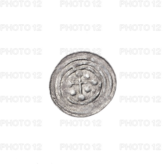 denarius, Boleslaw III Krzywousty (prince of Poland; 1086-1138), allegories, equal-armed cross, spearhead (issue mark), chain mail, crosses, jaws, knight, martyrs, Romanesque (style), dragons, knights, Middle Ages, fight against pagans, dragon, fight between good and evil, Adalbert (Saint; ca. 956-997), spears, Obv. In the beaded border, a knight in chain mail thrusting a spearhead into the jaws of a dragon turned upside down. Rv. In the triple beaded border, an isosceles cross topped with balls. Between its arms, three balls. One arm intersects the other at approximately 1/3 of its length. ca. 1125–1138, Poland, Kraków, coin, diameter 12.4–12.9 mm, weight 0.39 g