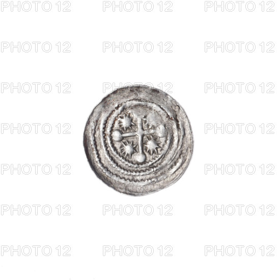 denarius, Boleslaw III Krzywousty (prince of Poland; 1086–1138), Romanesque, Middle Ages, ca. 1125–1138, Poland, Kraków, coin. Obverse: in the beaded border, a knight in chain mail thrusting a spearhead into the jaws of a dragon turned upside down. Reverse: in the triple beaded border, an isosceles cross topped with balls; at the intersection of the arms, a ball; between them, one sun. Iconography: spearhead (issue mark), equal-armed cross, chain mail, jaws, martyrs, knight, crosses, dragons, fight between good and evil, fight against pagans, spear, Adalbert (Saint; ca. 956–997). Diameter 12.2–12.6 mm, weight 0.37 g.