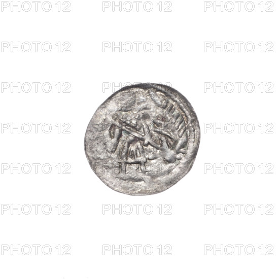 denarius, Boleslaw III Krzywousty (prince of Poland; 1086–1138), allegories, spearhead (issue mark), equal-armed cross, chain mail, knight, dragons, dragon, Middle Ages, fight against pagans, spear, Adalbert (Saint; ca. 956–997), fight between good and evil, Romanesque (style). Obv.: In the beaded border, a knight in chain mail thrusting a spearhead into the jaws of a dragon turned upside down. Rv.: In the triple beaded border, an isosceles cross topped with balls (three of them with one dot). Between its arms, one ball (three of them with one dot). Additionally, in one quarter, next to the ball at the end of the cross arm, a dot. ca. 1125–1138. Poland, Kraków. Coin. Diameter 12.2–13.1 mm. Weight 0.28 g.