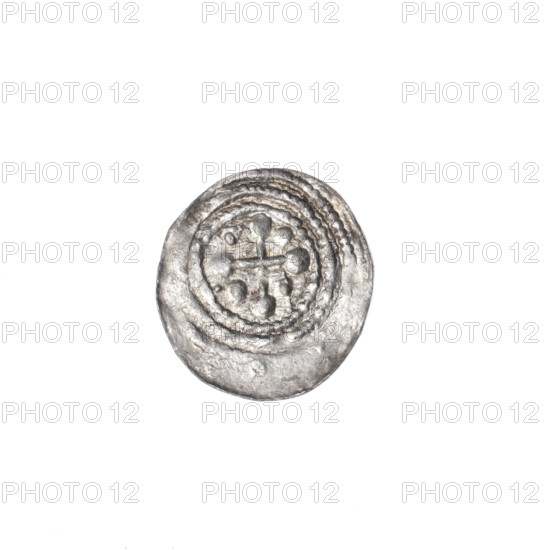 denarius, Boleslaw III Krzywousty (prince of Poland; 1107–1138), allegories, Boleslaw III Krzywousty (prince of Poland; 1086–1138), spearhead (issue mark), equal-armed cross, chain mail, chain mails, mouth, crosses, martyrs, Romanesque (style), knight, dragons, knights, dragon, Middle Ages, mouths, fight against pagans, spear, Adalbert (Saint; ca. 956–997), spears, Jastrzebowski, Stanislaw (1898–1980), fight between good and evil. Obv.: In the beaded border, a knight in chain mail thrusting a spearhead into the jaws of a dragon turned upside down. Rv.: In the triple beaded border, an isosceles cross topped with balls (three of them with one dot). Between its arms, one ball (three of them with one dot). Additionally, in one quarter, next to the ball at the end of the cross arm, a dot. ca. 1125–1138, Poland, Kraków, coin, diameter 12.2–13.1 mm, weight 0.28 g